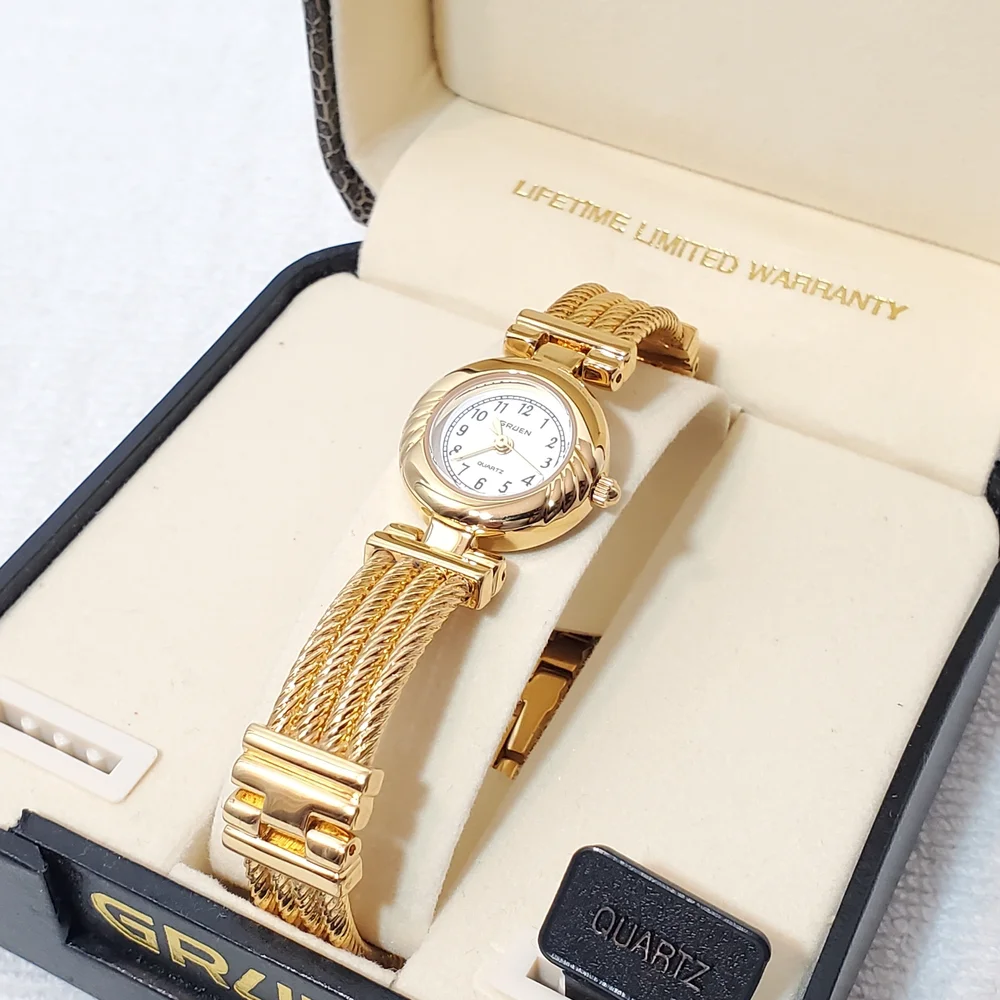 Vintage Gruen Women’s Gold Tone Quartz Watch Stainless Steel White Dial